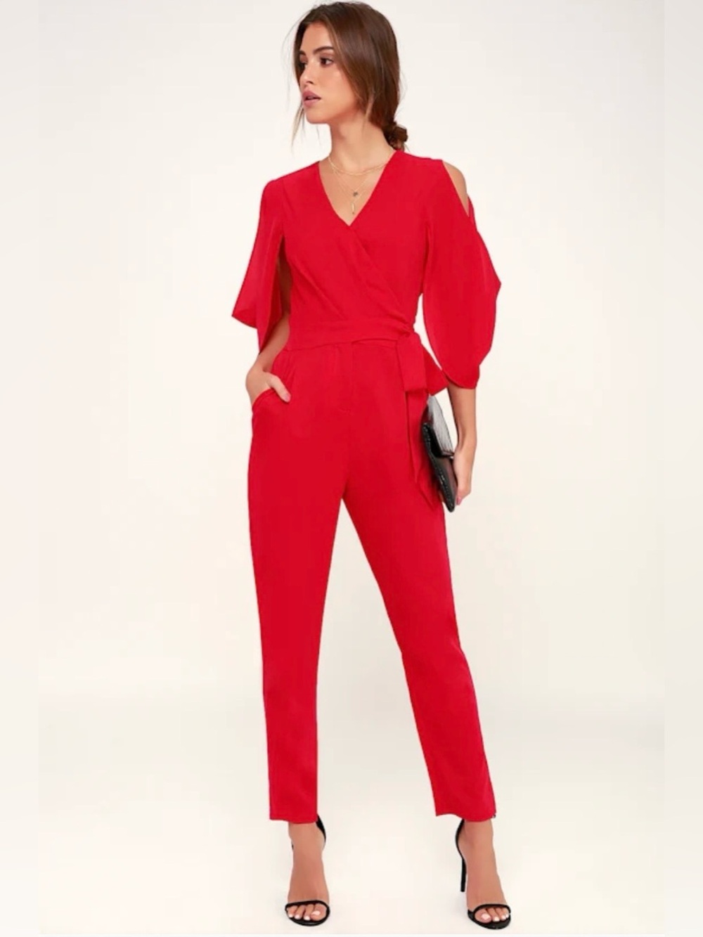 Adelyn Rae Bright Red Wrap-Front Jumpsuit